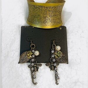 Elegant Brass Cuff Bracelet and Earring Set